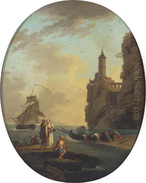 A Rocky Coastal Landscape With Figures On The Shore Oil Painting by Claude-joseph Vernet