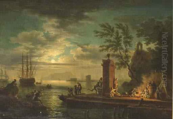 A Moonlit Bay With Shipping And Figures On The Banks In Theforeground Oil Painting by Claude-joseph Vernet