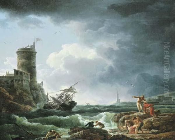 A Storm With A Shipwreck By A Fortress, A Castaway In Theforeground Oil Painting by Claude-joseph Vernet