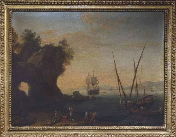 Veduta Di Porto Con Torre, Velieri E Pescatori Marina Con Rupe, Velieri E Pescatori Oil Painting by Claude-joseph Vernet