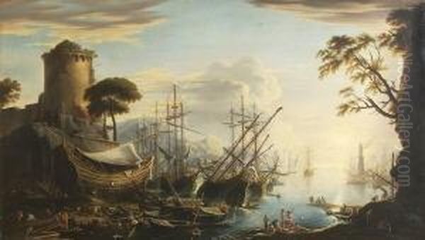 Segelschiffe Im Hafen. Oil Painting by Claude-joseph Vernet