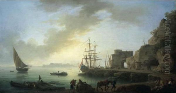 A Mediterranean Port At Dawn Oil Painting by Claude-joseph Vernet