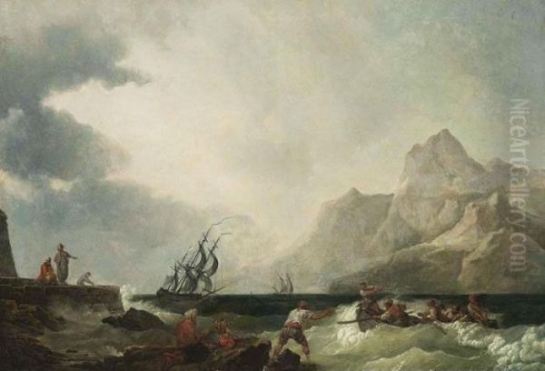 A Southern Harbour Scene With 
Shipping In Stormy Waters, Fishermen In A Rowing Boat And Other Figures 
On The Quay, Mountains Beyond Oil Painting by Claude-joseph Vernet