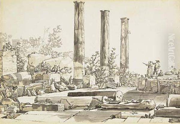 Landscape With Figures Among Ruins Of The Temple Ofapollo Oil Painting by Claude-joseph Vernet