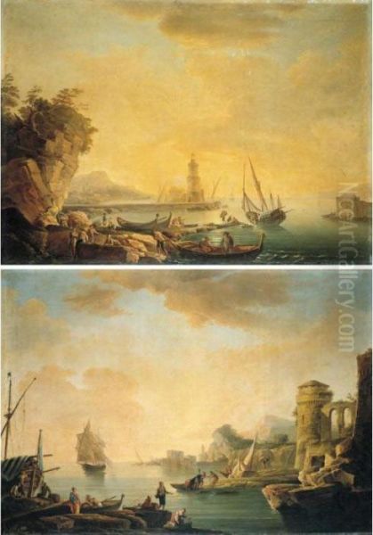 Mediterranean Harbour Scenes At Sunset Oil Painting by Claude-joseph Vernet