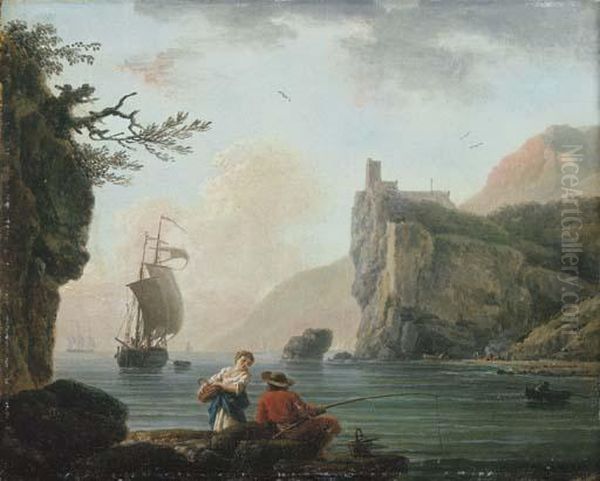 A Rocky Coastal Landscape With A Fisherman Talking To A Peasantgirl Oil Painting by Claude-joseph Vernet