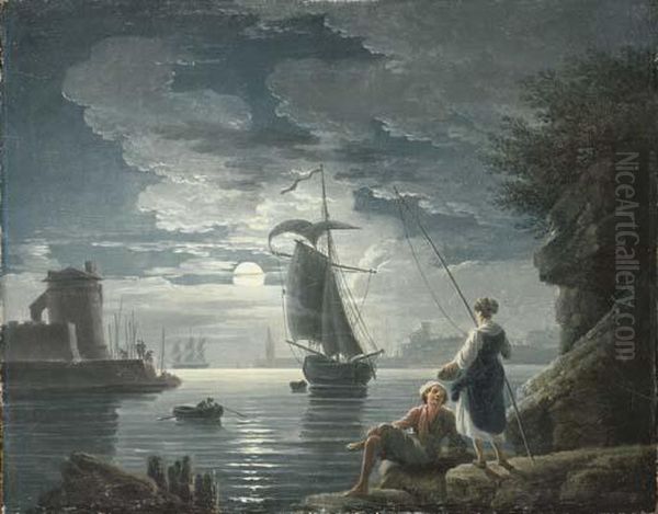 A Rocky Harbour By Moonlight With A Peasant Couple Conversing Inthe Foreground Oil Painting by Claude-joseph Vernet