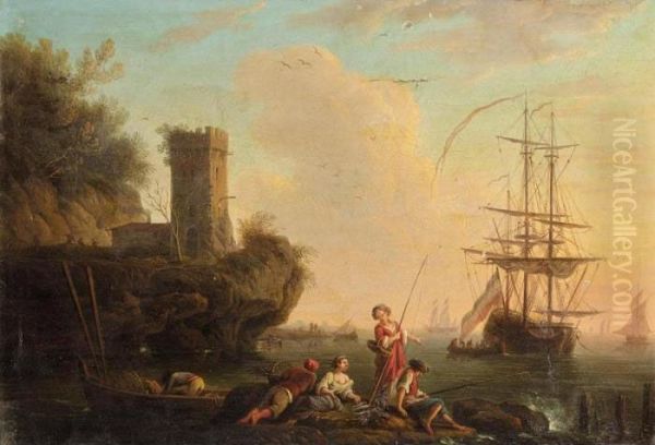 A Mediterranean Coastal Scene With Figures Fishing, A Dutch Ship At Anchor Beyond Oil Painting by Claude-joseph Vernet