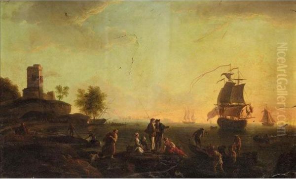 A Mediterranean Harbour Scene At
 Dusk With Figures On The Shore, A British Ship At Anchor Beyond Oil Painting by Claude-joseph Vernet