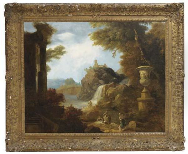 An Architectural Capriccio In A Landscape With Washerwomen By A River Oil Painting by Claude-joseph Vernet