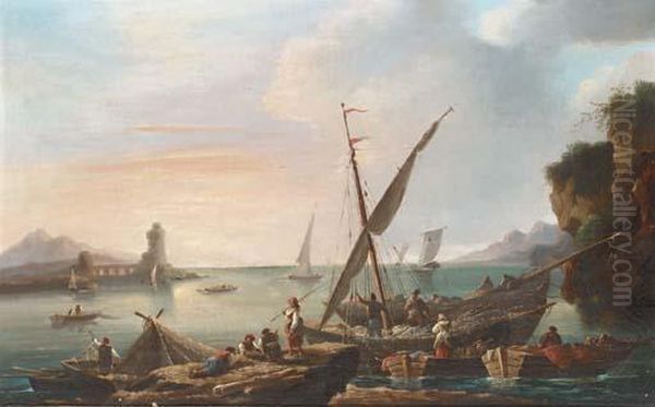 Mediterranean Traders Unloading On The Shore Oil Painting by Claude-joseph Vernet