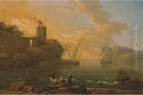 A Mediterranean Coastal Inlet With Fisherman In The Foreground Oil Painting by Claude-joseph Vernet