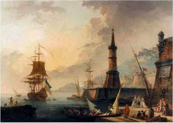 A Mediterranean Harbour Scene Oil Painting by Claude-joseph Vernet