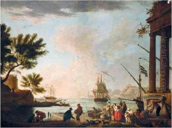 A Southern Harbour Scene With Figures Loading A Boat In The Foreground Oil Painting by Claude-joseph Vernet