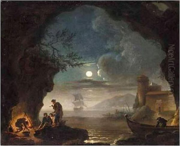 A Moonlit Coastal Landscape With Figures Cooking Over A Fire In The Foreground Oil Painting by Claude-joseph Vernet