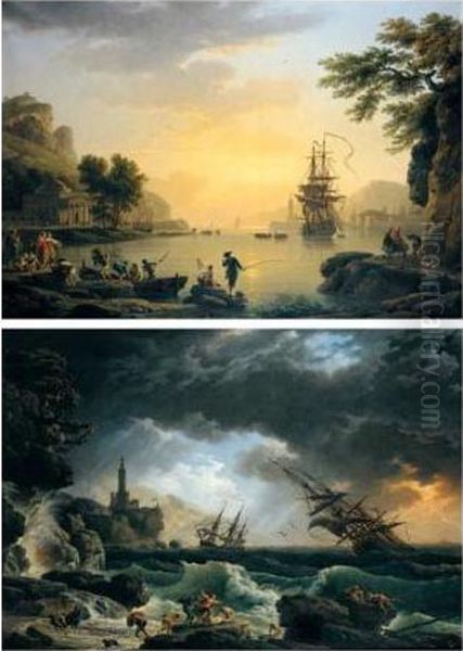 ````````calme': A Landscape At Sunset, With Fishermen Returning With Their Catch Oil Painting by Claude-joseph Vernet