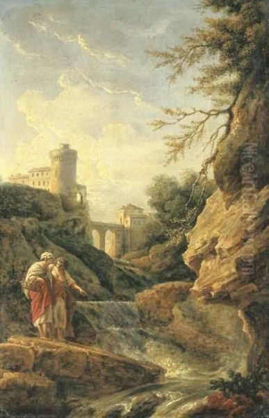 Two Female Peasants By A Waterfall, A Town And Aqueduct Beyond Oil Painting by Claude-joseph Vernet