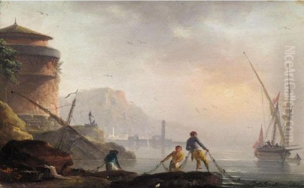 A Mediterranean Coastal Landscape With Fishermen Tending Their Nets Oil Painting by Claude-joseph Vernet