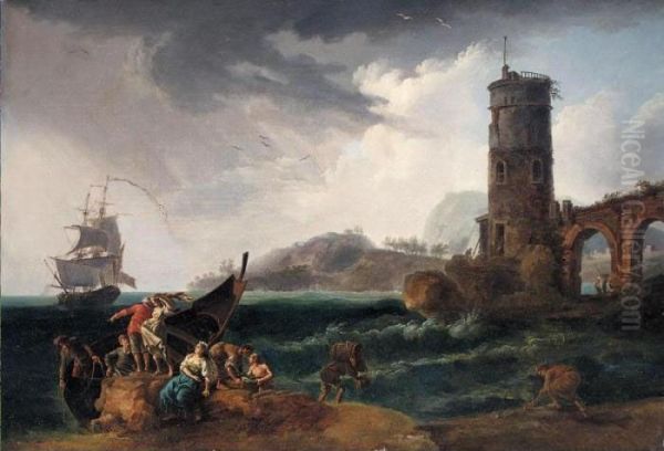 Fishermen Arriving On Shore Before A Storm Oil Painting by Claude-joseph Vernet