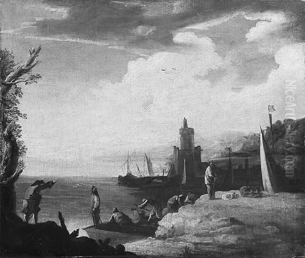 Figures On A Shore With Mediterranean Harbour Beyond Oil Painting by Claude-joseph Vernet