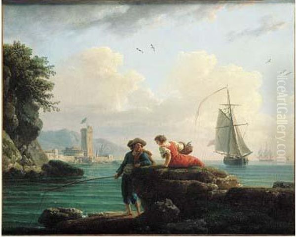 Pecheur Et Paysanne Sur Le Rivage Mediterraneen Oil Painting by Claude-joseph Vernet