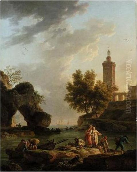 A Mediterranean Harbour With Fishermen Landing Nets (````le Rocher Perce') Oil Painting by Claude-joseph Vernet