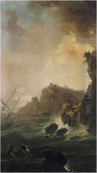 Stormy Coastal Landscape With Fishermen In The Foreground Oil Painting by Claude-joseph Vernet