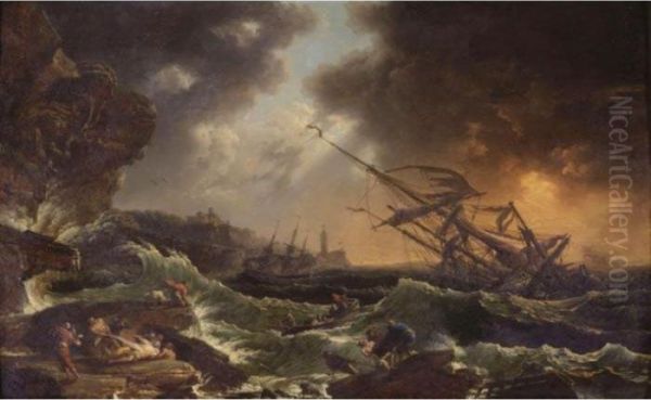 Ships Tossed On A Stormy Sea Oil Painting by Claude-joseph Vernet