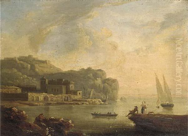 A Mediterranean Coastal Inlet With Fisherfolk In A Boat Oil Painting by Claude-joseph Vernet