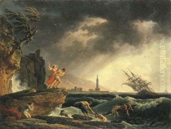 A Stormy Coastal Seascape With Survivors From A Shipwreck On A Rocky Outcrop Oil Painting by Claude-joseph Vernet