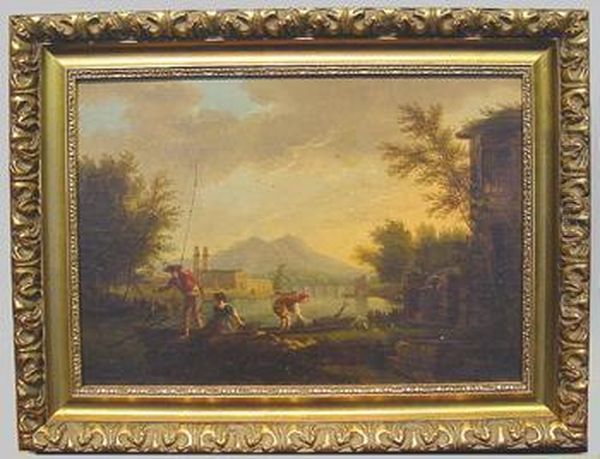 Fishing Along The River's Edge Oil Painting by Claude-joseph Vernet