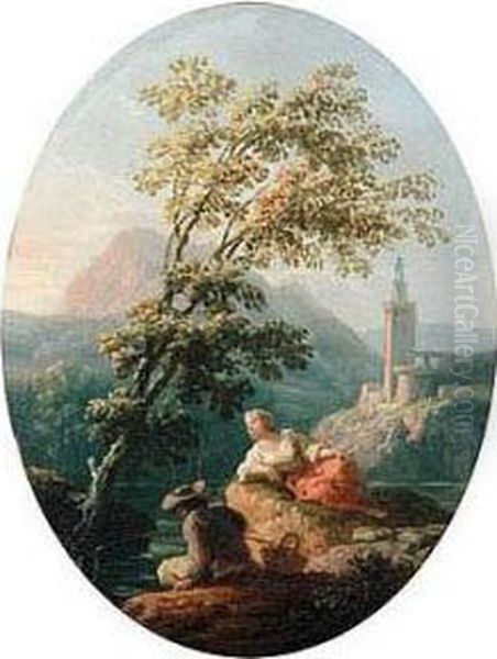 River Landscape With A Man And Woman Fishing, A Church Beyond Oil Painting by Claude-joseph Vernet