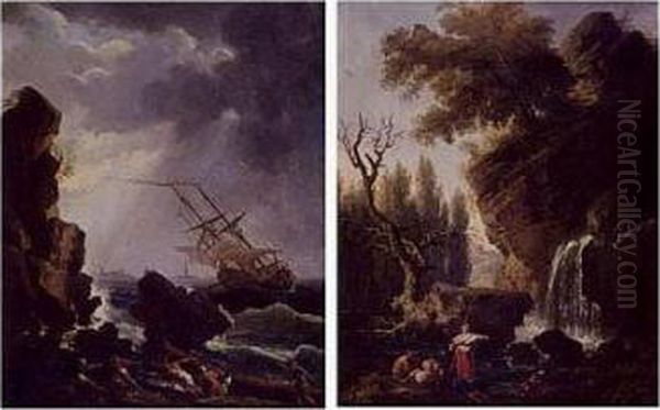 A Ship On A Stormy Sea And A View Of A Waterfall: A Pair Of Paintings Oil Painting by Claude-joseph Vernet