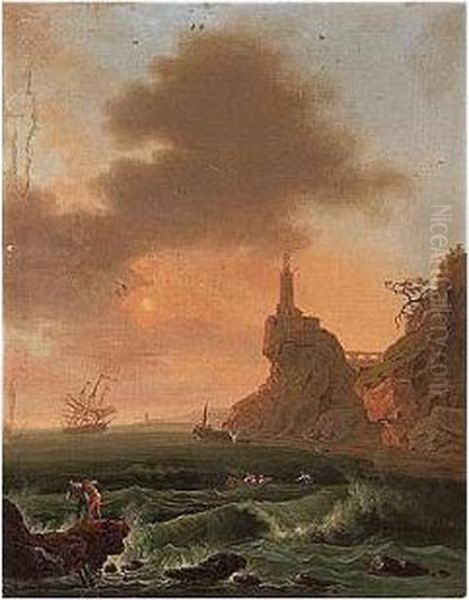 A Rocky Coastal Landscape At Sunset With Fishermen On Choppy Seas Oil Painting by Claude-joseph Vernet