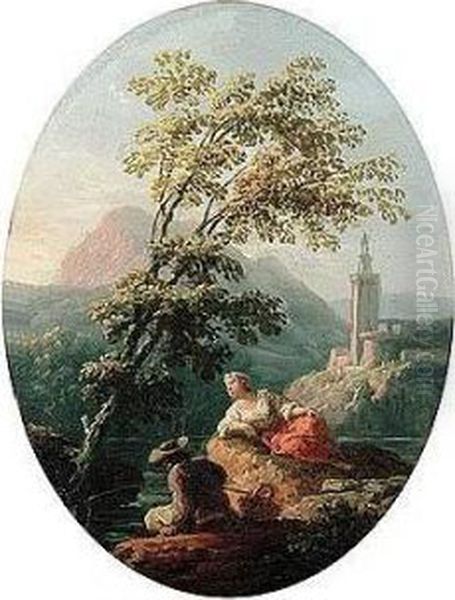 River Landscape With A Man And Woman Fishing, A Church Beyond Oil Painting by Claude-joseph Vernet