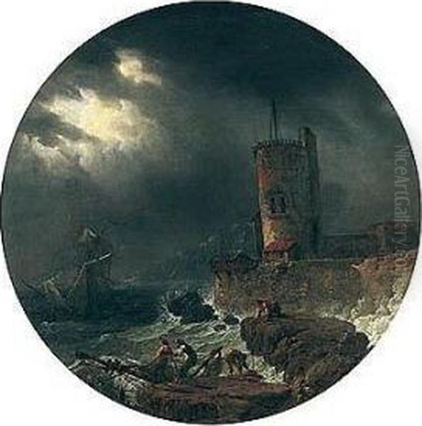 Stormy Seas With Shipwrecks Off A Rocky Coast Oil Painting by Claude-joseph Vernet