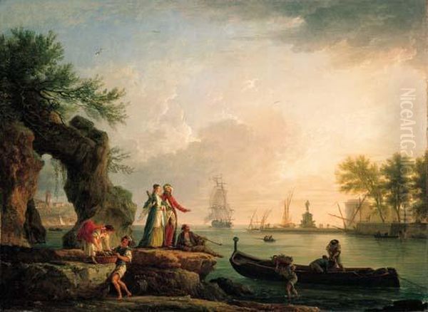 A Mediterranean Port At Sunset 
With A Levantine Couple On An Outcrop And Fishermen Unloading Their 
Catch Oil Painting by Claude-joseph Vernet