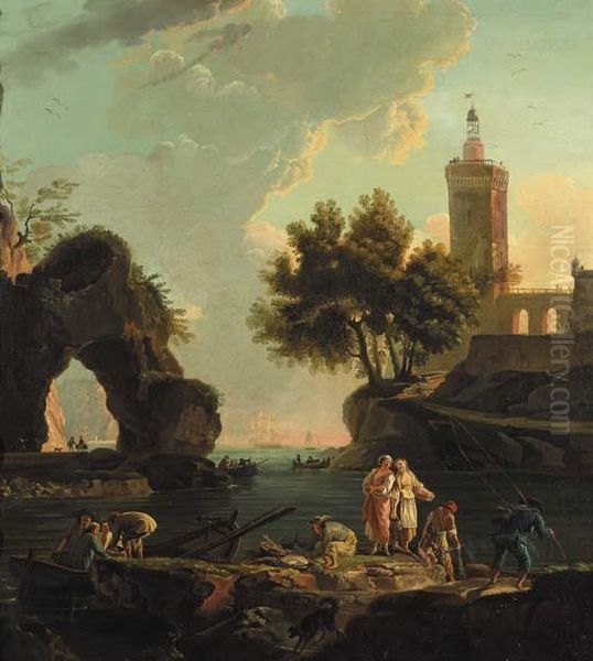 Fishermen Unloading Cargo On A 
Landing Stage In A Mediterranean Harbour, A Lighthouse Beyond Oil Painting by Claude-joseph Vernet