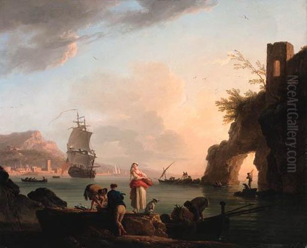 La Peche Heureuse: A 
Mediterranean Coast At Sunset With Fisherfolk Unloading A Catch Near A 
Natural Arch, A Frigate Offshore, And A City Beyond Oil Painting by Claude-joseph Vernet