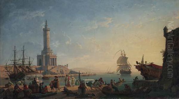 A Mediterranean Harbour At 
Sunset With Fisherfolk And Merchants Ona Quay, A Lighthouse Beyond Oil Painting by Claude-joseph Vernet