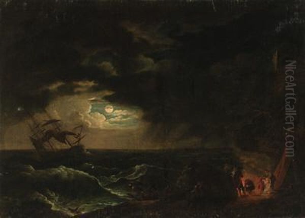 A Stormy Moonlit Seascape With Fishermen Before A Campfire Oil Painting by Claude-joseph Vernet