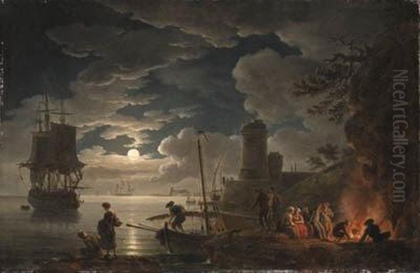 A Moonlit Harbor Scene With A Fisherman And Figures Seated Around Afire, Shipping Beyond Oil Painting by Claude-joseph Vernet