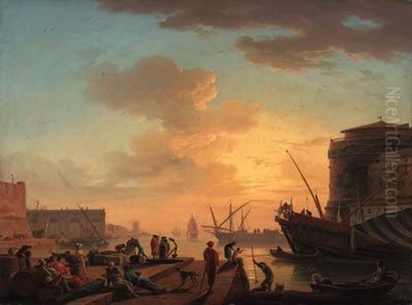 Le Soir: A Mediterranean Harbour
 At Sunset With Fisherfolk Andmerchants On A Quay; And Clair De Lune: A 
Mediterranean Harbour Bymoonlight With Fisherfolk By A Fire On The 
Shore, A Natural Archbeyond Oil Painting by Claude-joseph Vernet