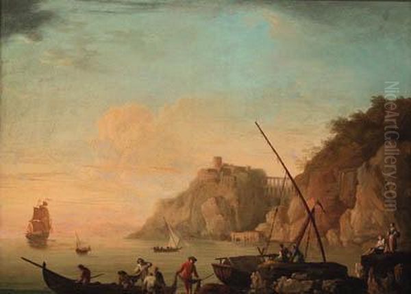 A Mediterranean Coastline With Fisherfolk On The Shore Oil Painting by Claude-joseph Vernet