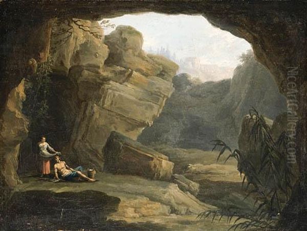 Figures Resting By The Mouth Of A Cave, A Capriccio Of Tivolibeyond Oil Painting by Claude-joseph Vernet