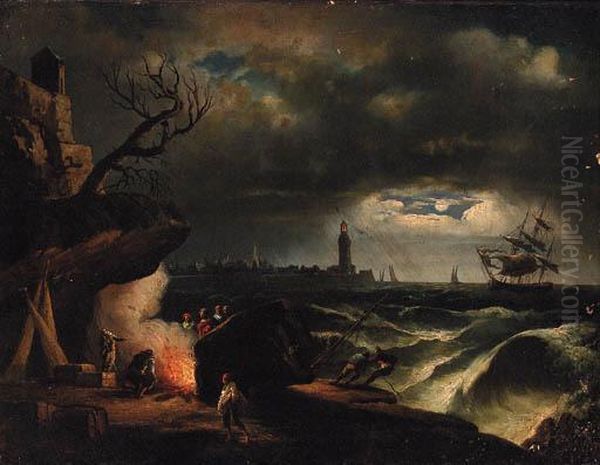 A Moonlit Coastline With A Yacht
 In A Storm Near A Lighthouse Andfisherfolk Around A Fire In The 
Foreground Oil Painting by Claude-joseph Vernet