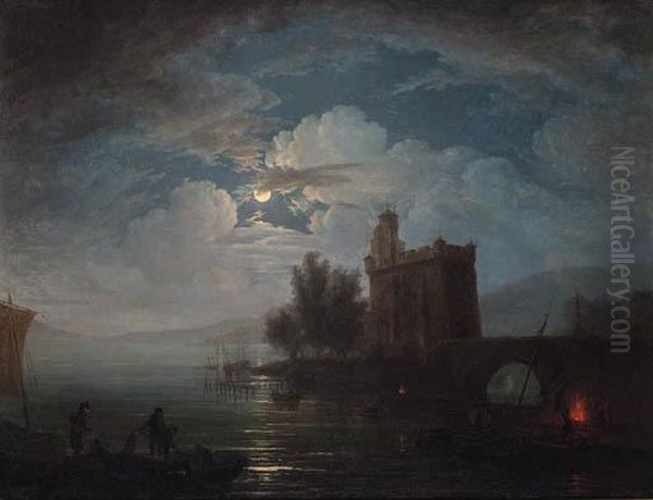 Fisherfolk On The Shore Of A Lake By Moonlight, A Castlebeyond Oil Painting by Claude-joseph Vernet