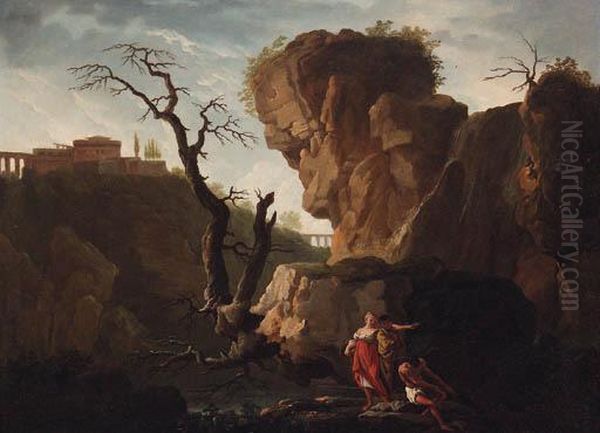 An Italianate Landscape With Figures By A Waterfall Oil Painting by Claude-joseph Vernet