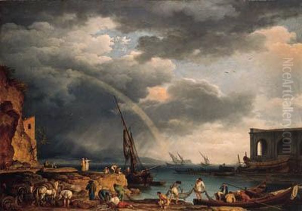 L'arc En Ciel: An Italianate 
Coastal View With A Rainbow, Fishermenand Peasants At An Inlet In The 
Foreground, A Shipwright's Yardbeyond Oil Painting by Claude-joseph Vernet