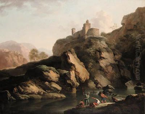 A Mountain River Landscape, With
 Fishermen Pulling In Their Net In The Foreground, And A Shepherd With 
His Sheep On The Far Bank, Ahilltop Fort Beyond Oil Painting by Claude-joseph Vernet